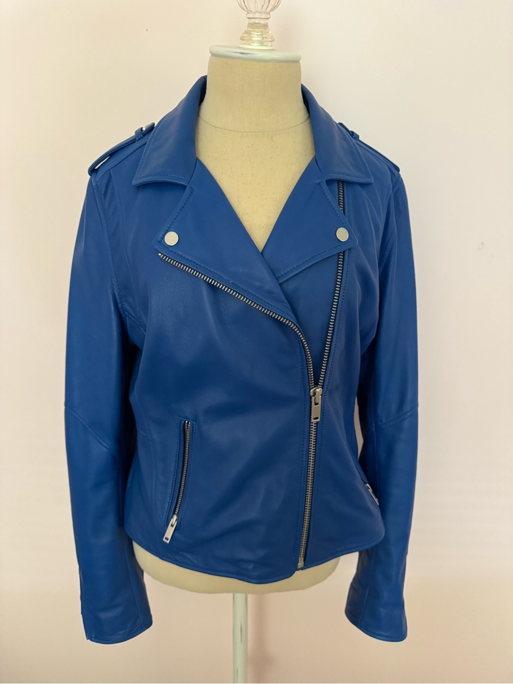 Doma Blue Leather Moto Jacket with Asymmetric Zip